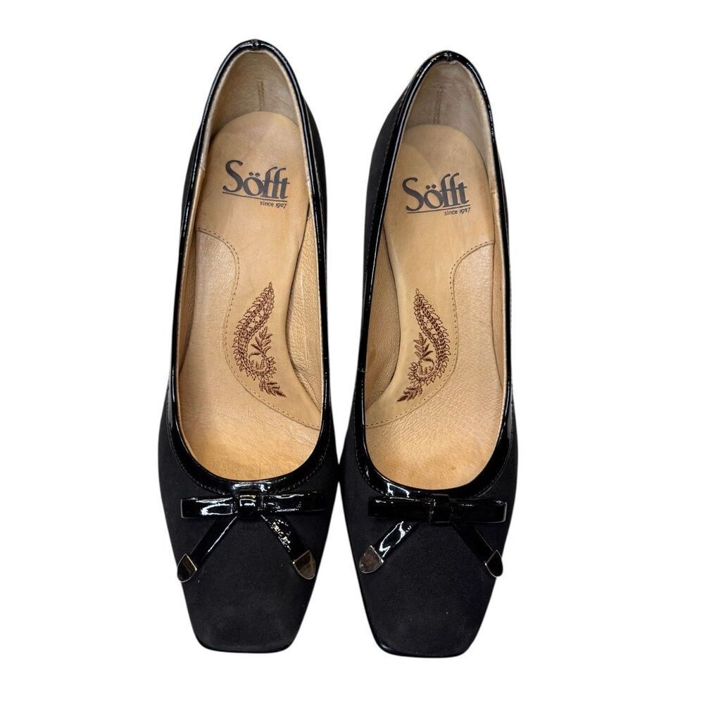 Sofft Pumps 6.5 Black Leather Suede Square Toe Bow Patent Accents Comfort Career